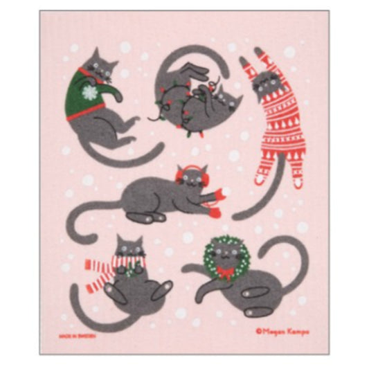 Cats Playing in the Snow Swedish Dishcloth