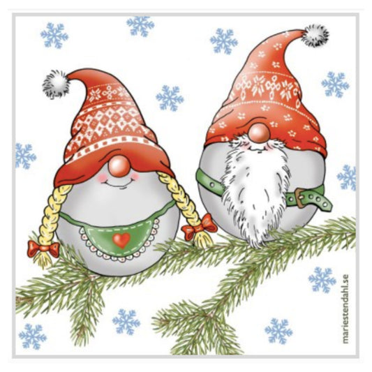 Tomte Couple on Branch Swedish Dishcloth